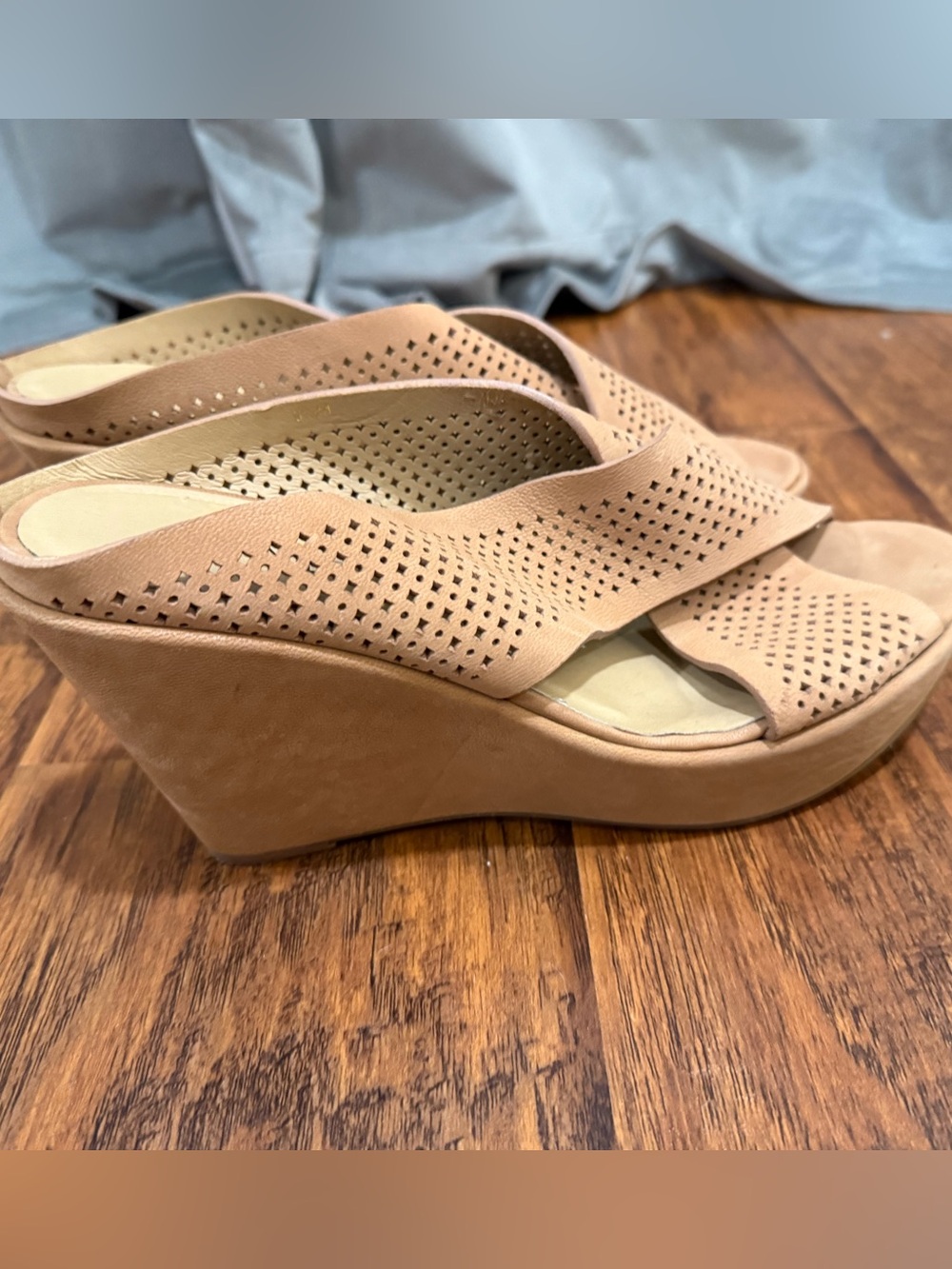 Vaneli Beige Perforated Wedge Sandals